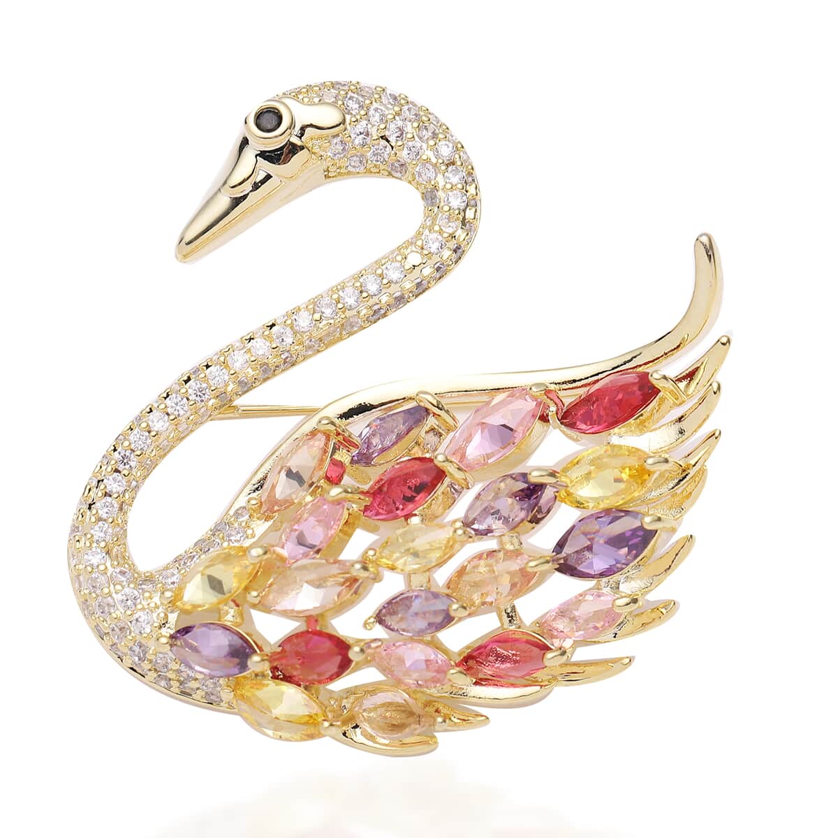 Dear Mom Jewelry Gift Set with Simulated Multi Color Diamond Swan Brooch in Goldtone 4.50 ctw image number 1