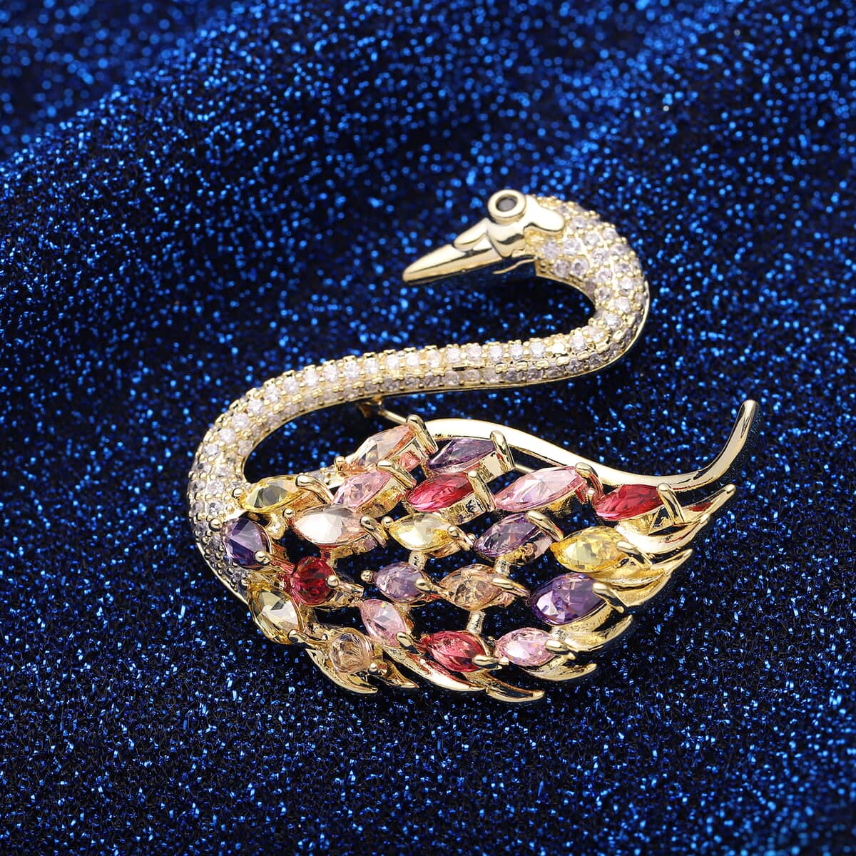 Dear Mom Jewelry Gift Set with Simulated Multi Color Diamond Swan Brooch in Goldtone 4.50 ctw image number 2