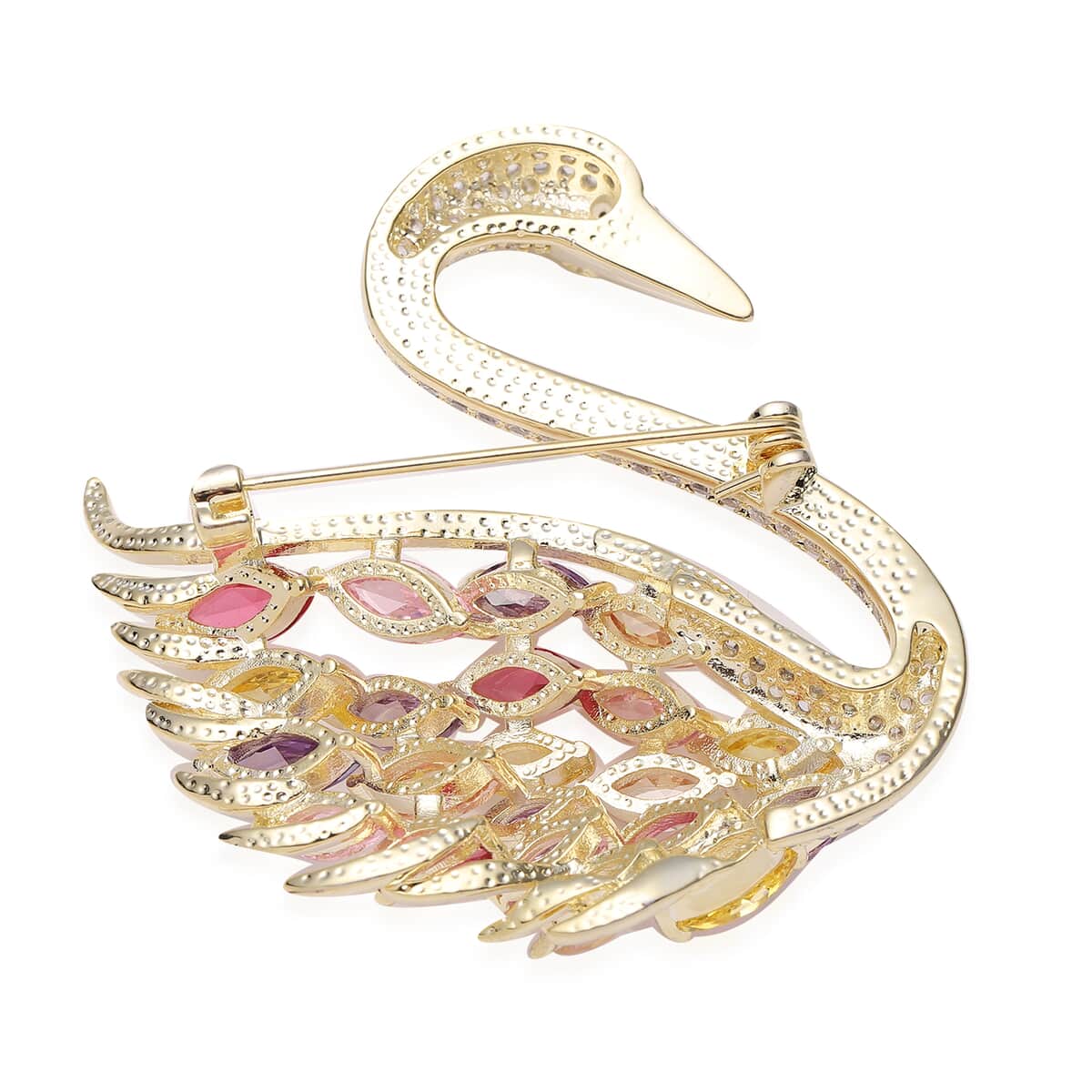 Dear Mom Jewelry Gift Set with Simulated Multi Color Diamond Swan Brooch in Goldtone 4.50 ctw image number 4