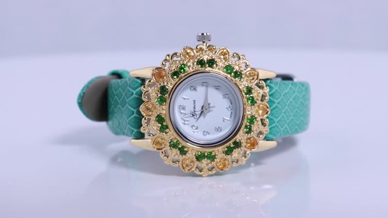 GENOA Jalisco Fire Opal, Natural Chrome Diopside Miyota Japanese Movement Watch in ION Plated 18K YG and Stainless Steel with Genuine Leather Strap (22mm) 1.25 ctw