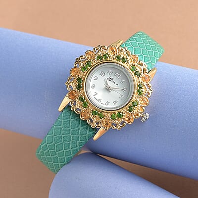 Genoa Jalisco Fire Opal, Chrome Diopside Miyota Japanese Movement Watch with Genuine Leather Strap (22mm) 1.25 ctw