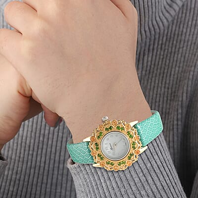 Genoa Jalisco Fire Opal, Chrome Diopside Miyota Japanese Movement Watch with Genuine Leather Strap (22mm) 1.25 ctw