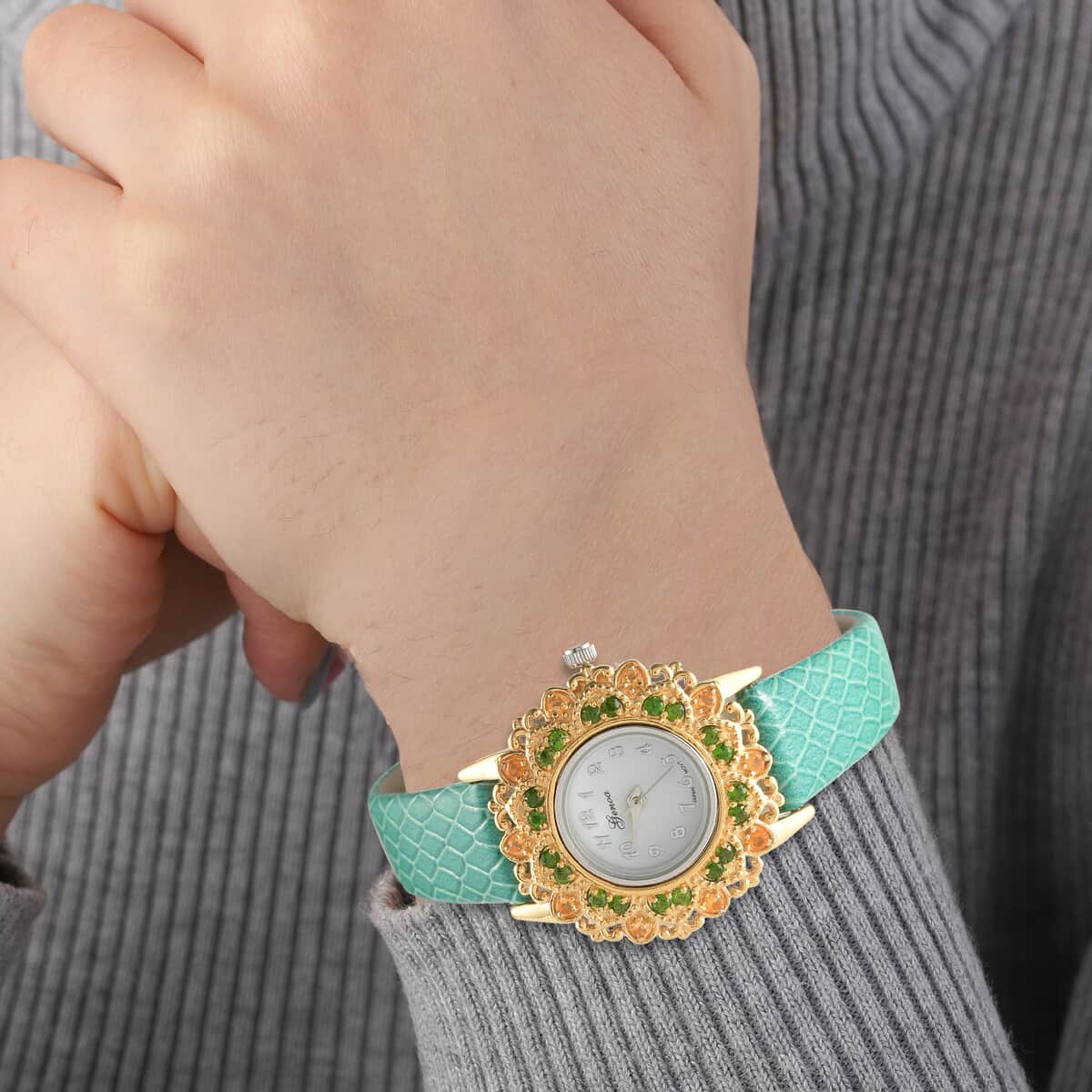 GENOA Jalisco Fire Opal, Natural Chrome Diopside Miyota Japanese Movement Watch in ION Plated 18K YG and Stainless Steel with Genuine Leather Strap (22mm) 1.25 ctw image number 2