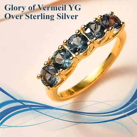 Parti Sapphire Ring ,Sapphire 5 Stone Ring , Half Eternity Band Ring ,Vermeil YG Over Sterling Silver Ring ,Wedding Band For Women 1.60 ctw image number 1