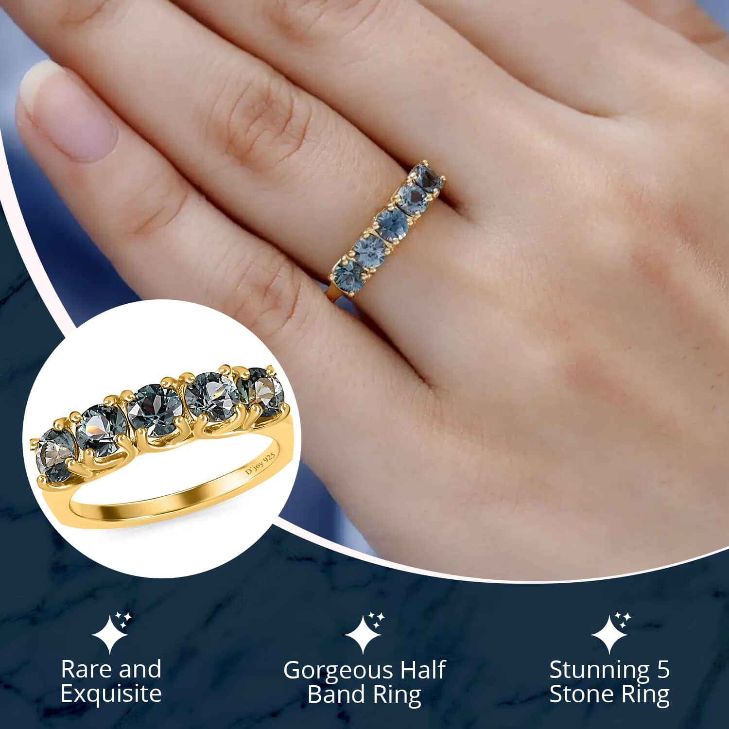 Natural Parti Sapphire 5 Stone Ring in Vermeil Yellow Gold Over Sterling  Silver (Size 10.0) 1.60 ctw