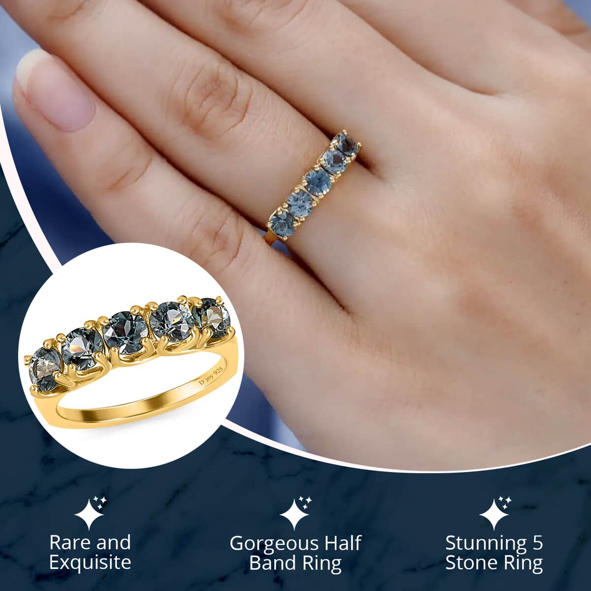Parti Sapphire Ring, Sapphire 5 Stone Ring, Half Eternity Band Ring, Vermeil YG Over Sterling Silver Ring, Wedding Band For Women 1.75 ctw (Size 5.0) image number 2
