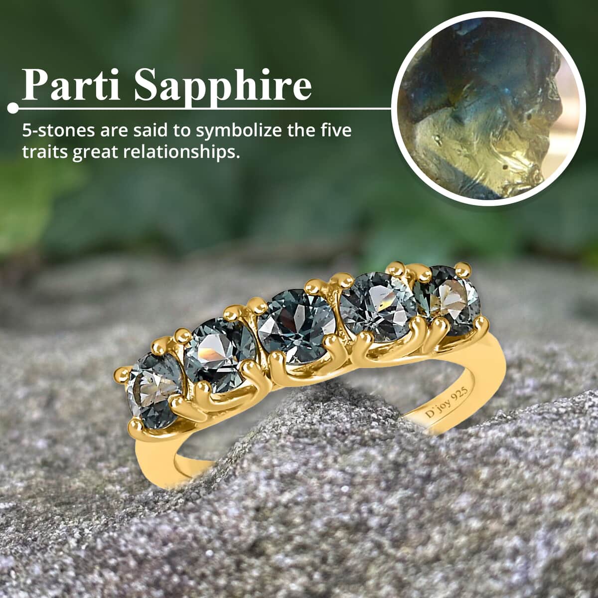 Parti Sapphire 1.75 ctw Ring, Sapphire 5 Stone Ring, Half Eternity Band Ring, Vermeil YG Over Sterling Silver Ring, Wedding Band For Women (Size 5.0) image number 3