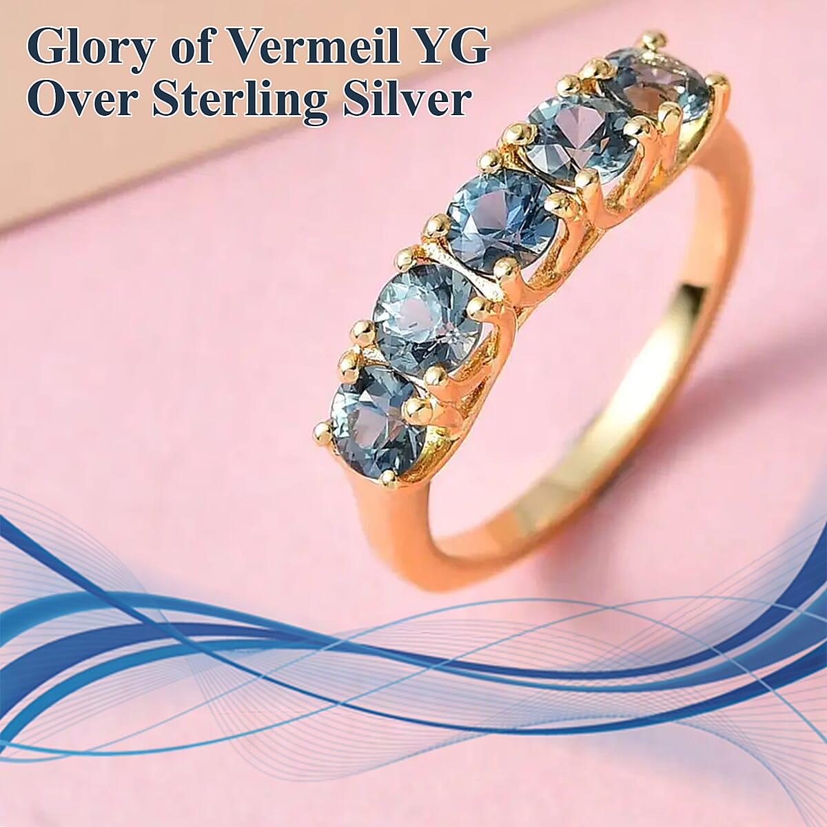 Parti Sapphire Ring ,Sapphire 5 Stone Ring , Half Eternity Band Ring ,Vermeil YG Over Sterling Silver Ring ,Wedding Band For Women 1.75 ctw (Size 9) image number 1