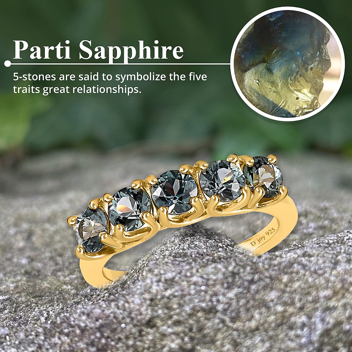 Parti Sapphire Ring ,Sapphire 5 Stone Ring , Half Eternity Band Ring ,Vermeil YG Over Sterling Silver Ring ,Wedding Band For Women 1.75 ctw (Size 9) image number 3
