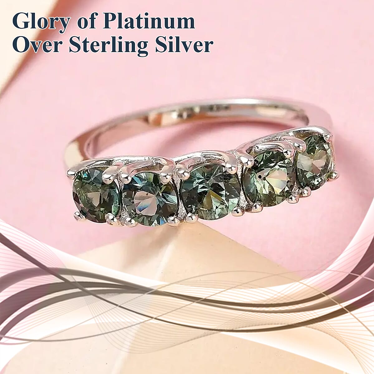 Parti Sapphire 1.60 ctw Ring ,Sapphire 5 Stone Ring , Half Eternity Band Ring ,Platinum Over Sterling Silver Ring ,Wedding Band For Women (Size 9.0) image number 1