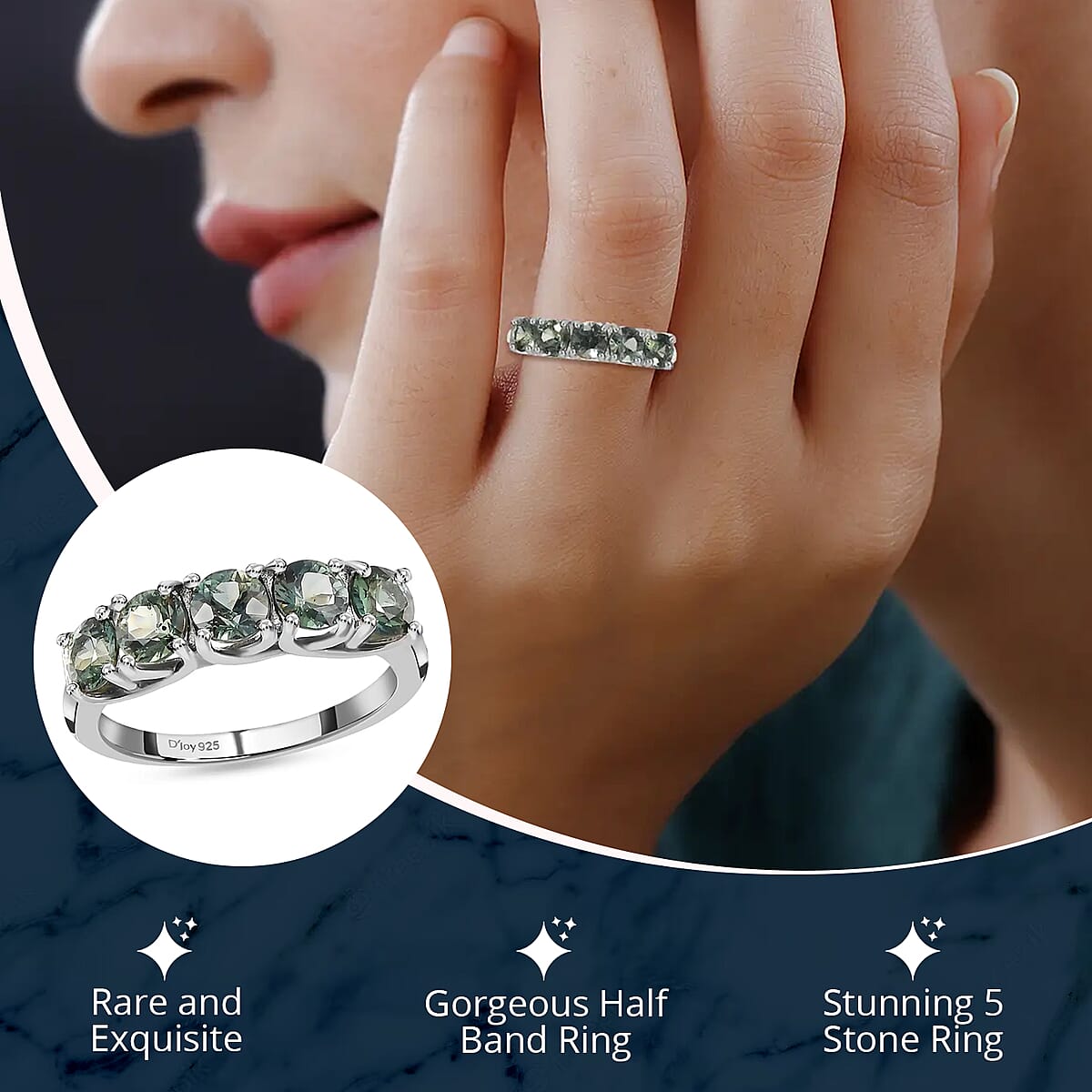 Parti Sapphire 1.60 ctw Ring ,Sapphire 5 Stone Ring , Half Eternity Band Ring ,Platinum Over Sterling Silver Ring ,Wedding Band For Women (Size 9.0) image number 2