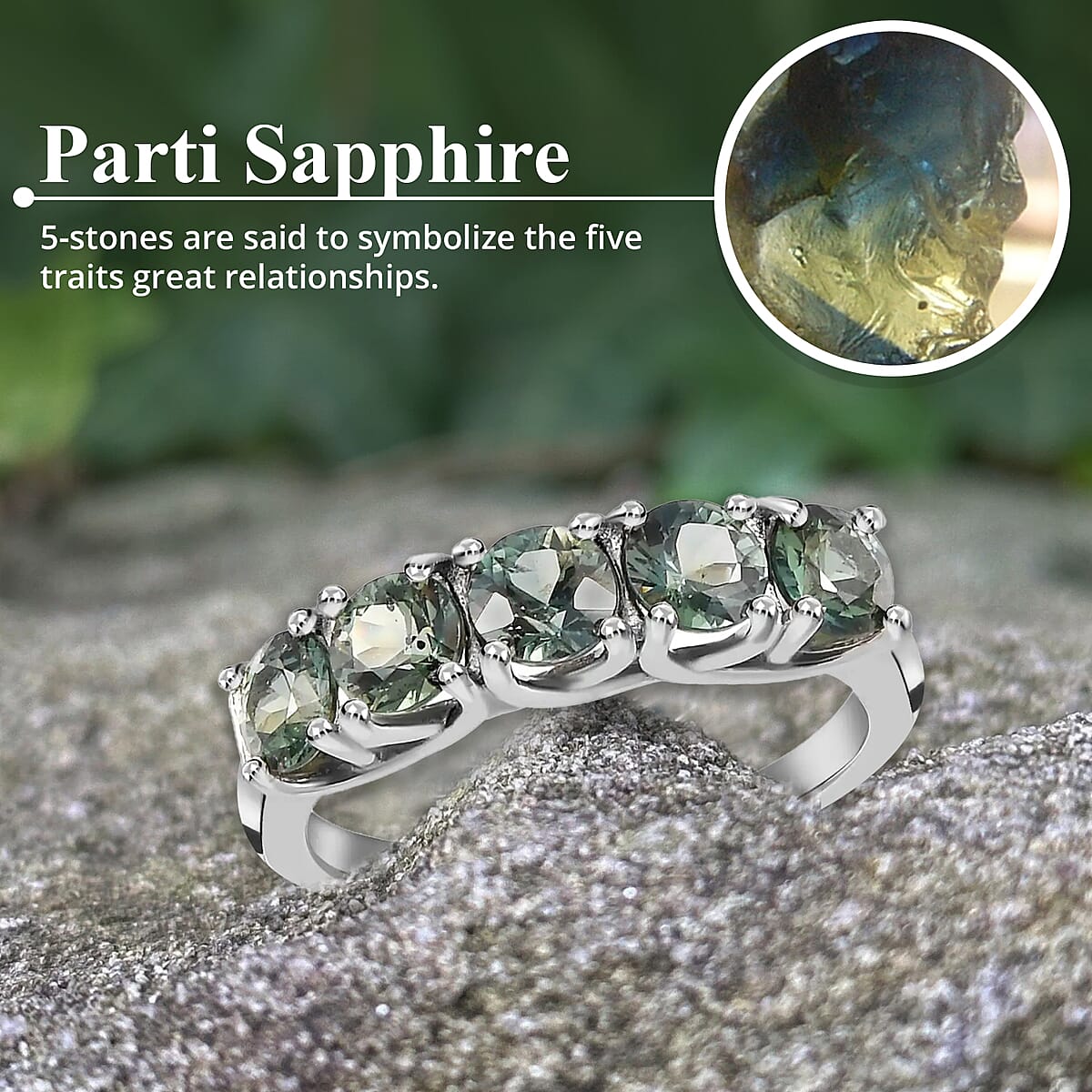 Parti Sapphire 1.60 ctw Ring ,Sapphire 5 Stone Ring , Half Eternity Band Ring ,Platinum Over Sterling Silver Ring ,Wedding Band For Women (Size 9.0) image number 3