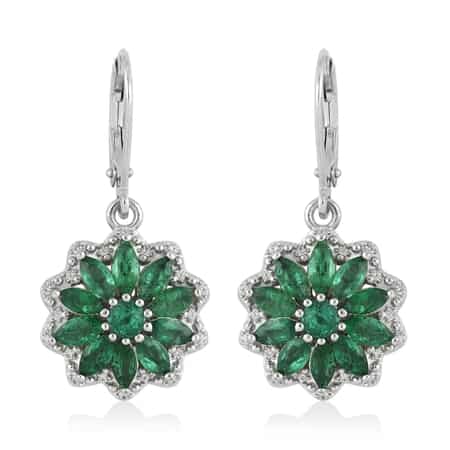 AAA Kagem Zambian Intense Green Emerald and Natural White Zircon Floral Inspired Dangle Earrings in Rhodium Over Sterling Silver 2.90 ctw image number 0