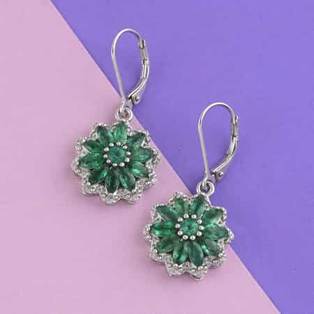 AAA Kagem Zambian Intense Green Emerald and Natural White Zircon Floral Inspired Dangle Earrings in Rhodium Over Sterling Silver 2.90 ctw image number 1