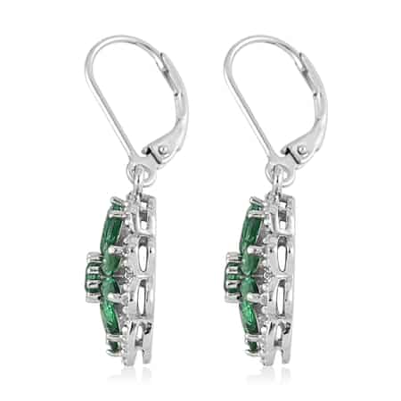 AAA Kagem Zambian Intense Green Emerald and Natural White Zircon Floral Inspired Dangle Earrings in Rhodium Over Sterling Silver 2.90 ctw image number 3