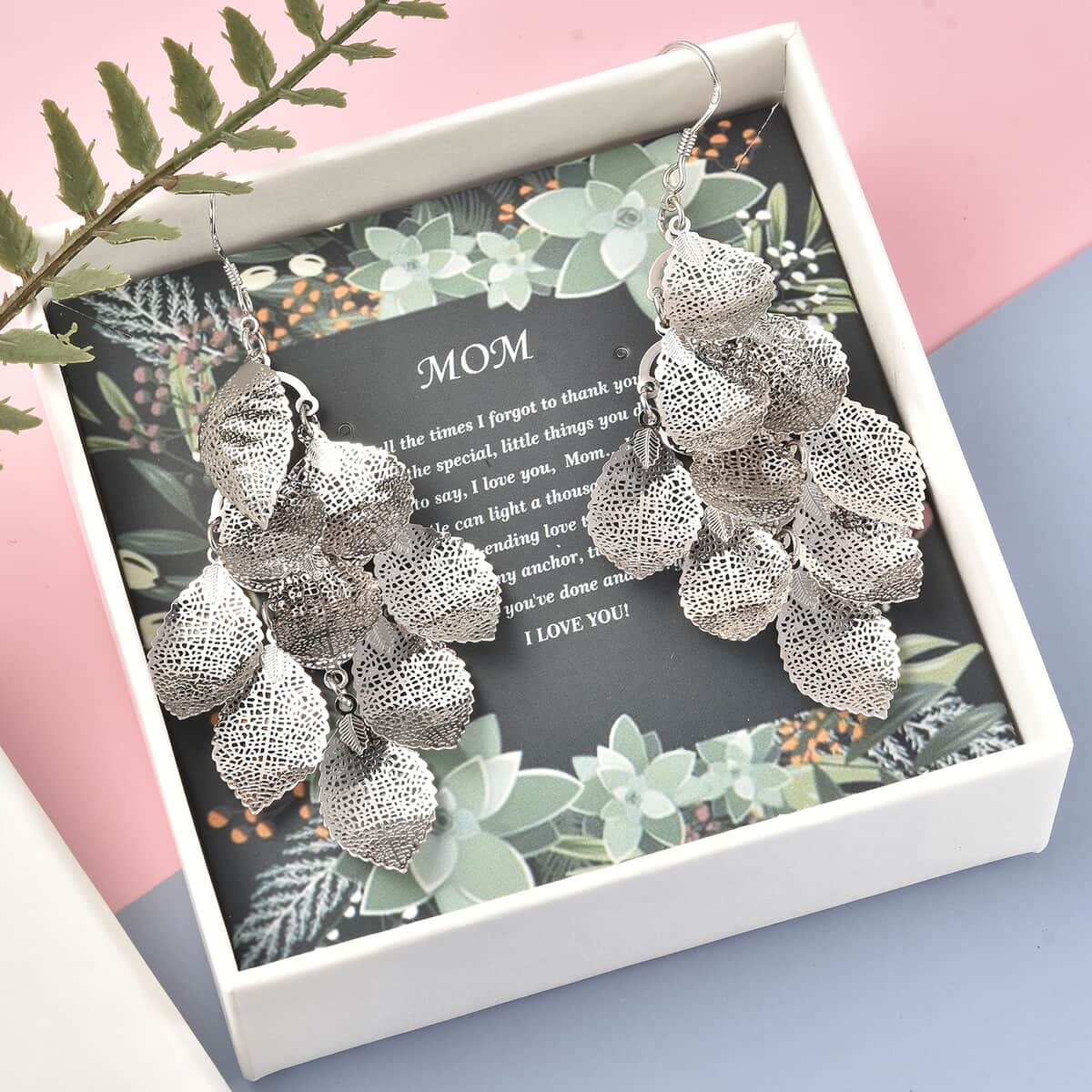 Dear Mom Jewelry Gift Set with Silvertone Statement Fringe Leaf Earrings image number 0