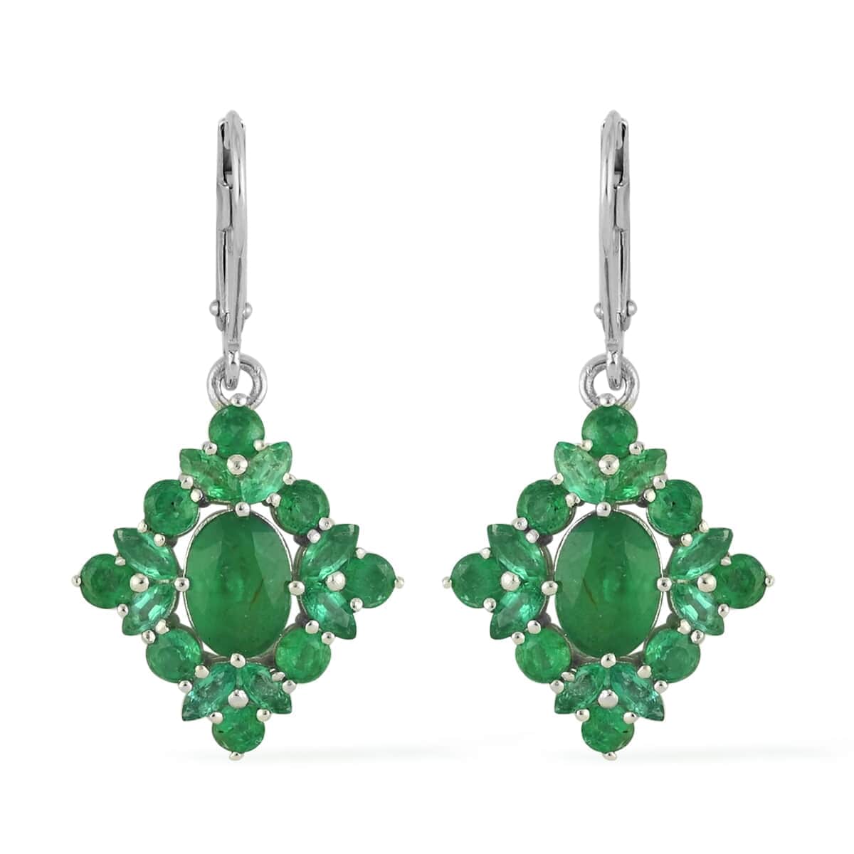 AAA Kagem Emerald Diamond Shape Dangle Earrings in Rhodium Over Sterling Silver 4.40 ctw image number 0