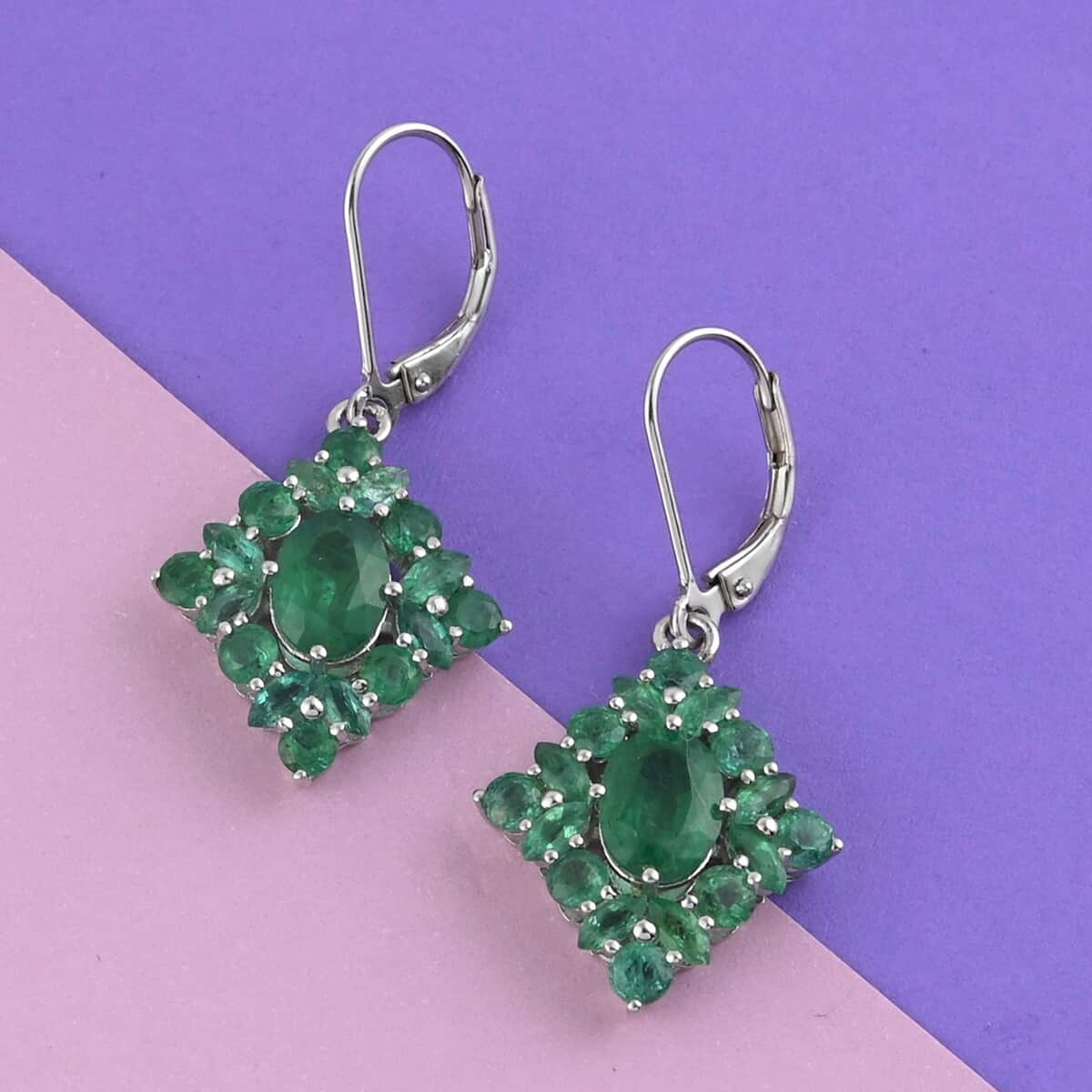 AAA Kagem Emerald Diamond Shape Dangle Earrings in Rhodium Over Sterling Silver 4.40 ctw image number 1