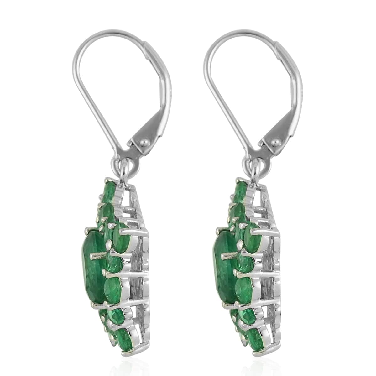 AAA Kagem Emerald Diamond Shape Dangle Earrings in Rhodium Over Sterling Silver 4.40 ctw image number 3