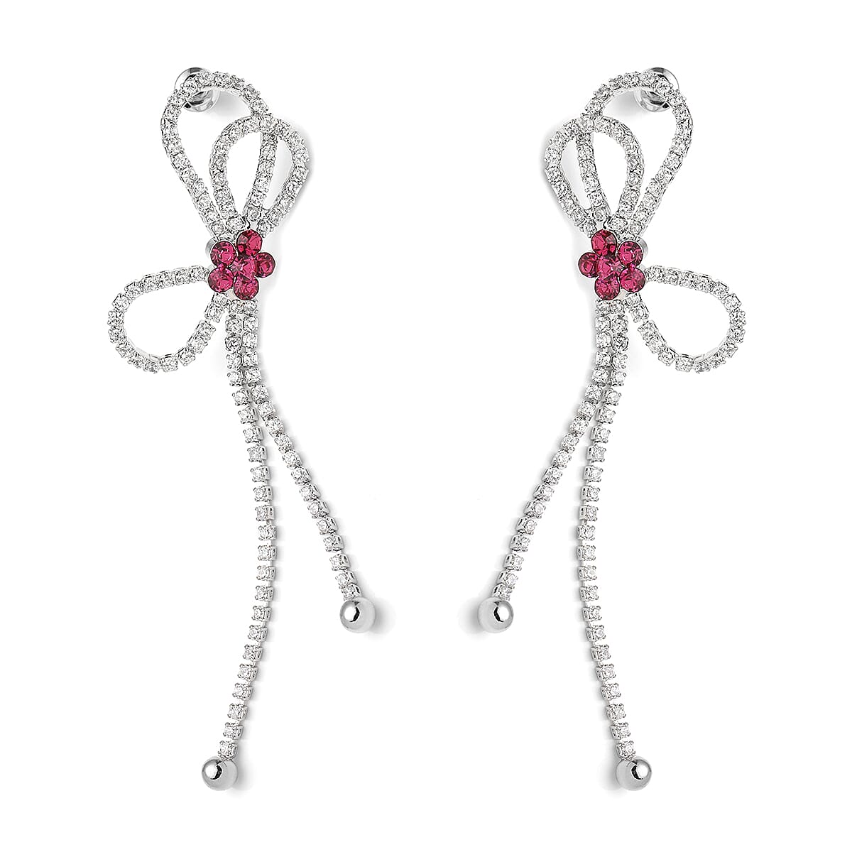 Will You be My Bridesmaid Jewelry Gift Set with Simulated White and Fuchsia Pink Diamond Knotted Bow Earrings in Silvertone 1.00 ctw image number 1