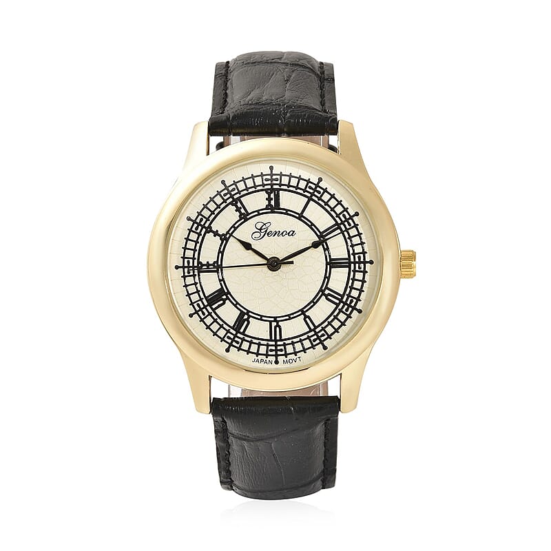 Genoa Japanese Movement Watch with Black Genuine Leather Strap (7.00-8.50 Inches) (39mm)
