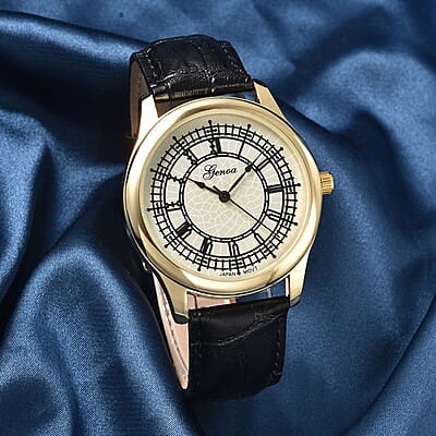 Genoa Japanese Movement Watch with Black Genuine Leather Strap (7.00-8.50 Inches) (39mm)
