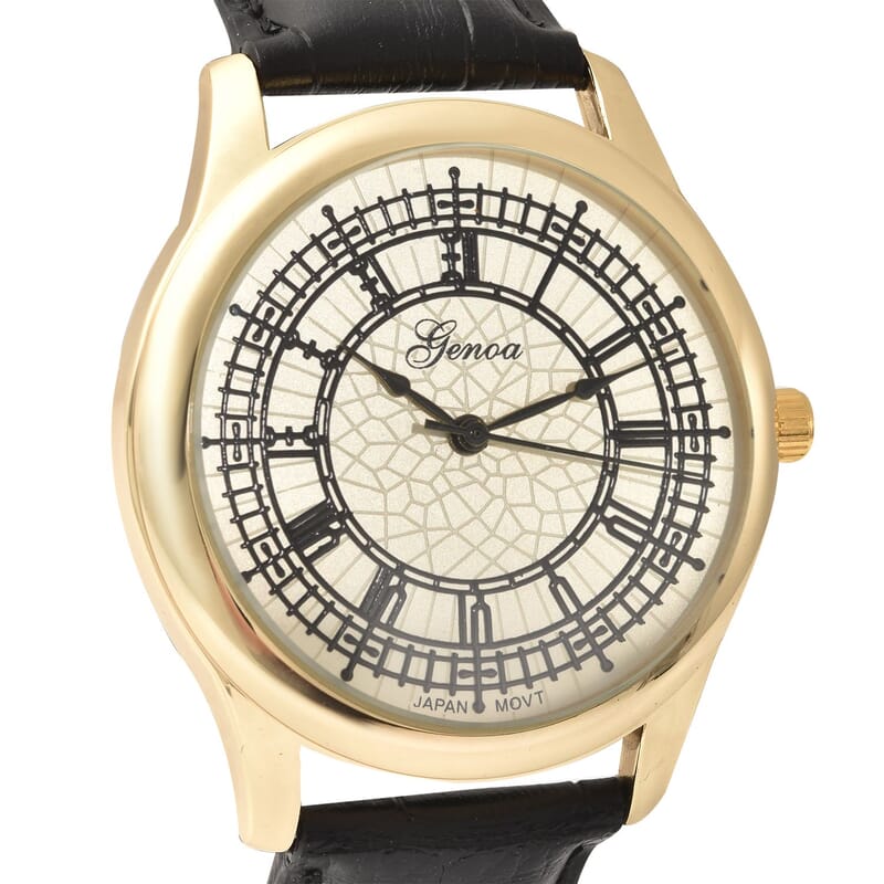 Genoa Japanese Movement Watch with Black Genuine Leather Strap (7.00-8.50 Inches) (39mm)