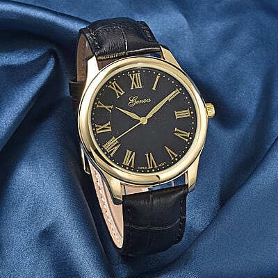 Genoa Miyota Japanese Movement Watch with Black Color Genuine Leather Strap (7.00-8.50 Inches) (39mm)
