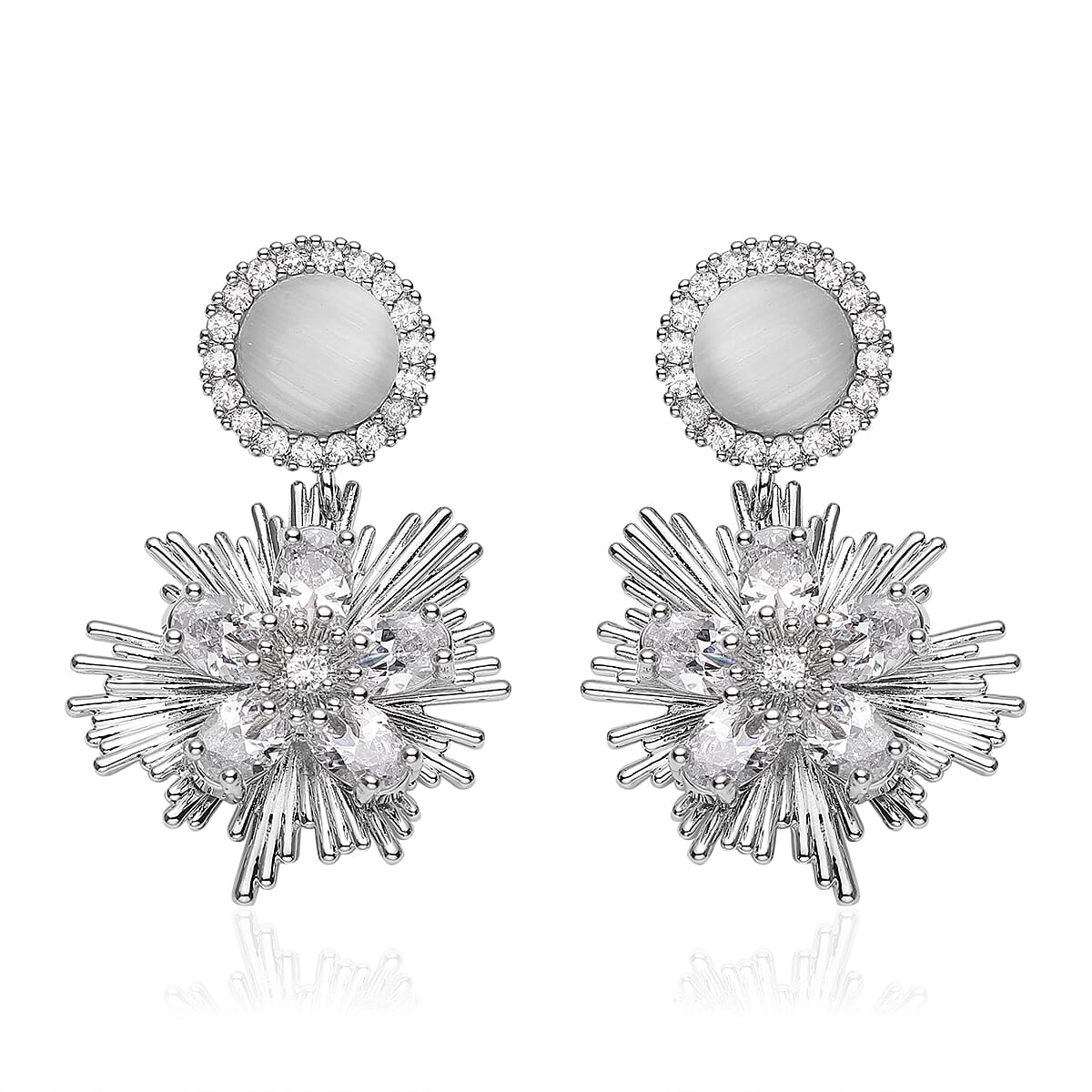 To My Bridesmaid Jewelry Gift Set with Lab Created White Cat's Eye, Simulated Diamond Fancy Floral Earrings in Silvertone 2.00 ctw image number 1