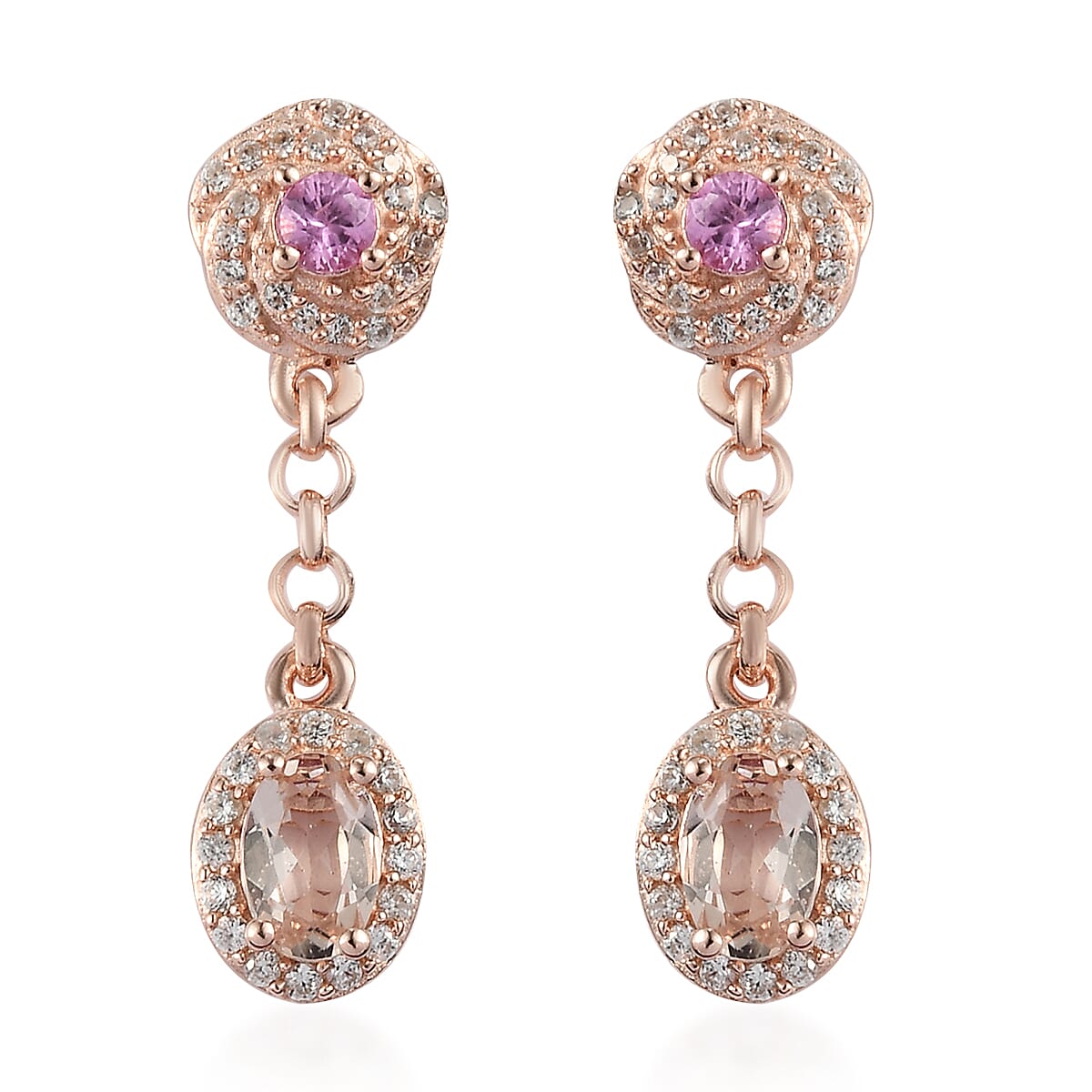 Premium Marropino Morganite and Multi Gemstone Dangling Earrings in Vermeil Rose Gold Over Sterling Silver 1.60 ctw