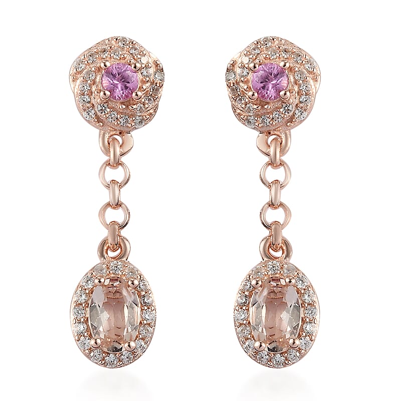 Premium Marropino Morganite and Multi Gemstone Dangling Earrings in Vermeil Rose Gold Over Sterling Silver 1.60 ctw