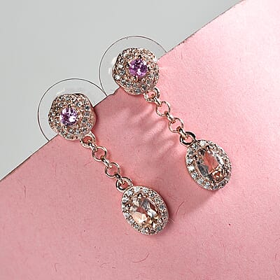 Premium Marropino Morganite and Multi Gemstone Dangling Earrings in Vermeil Rose Gold Over Sterling Silver 1.60 ctw
