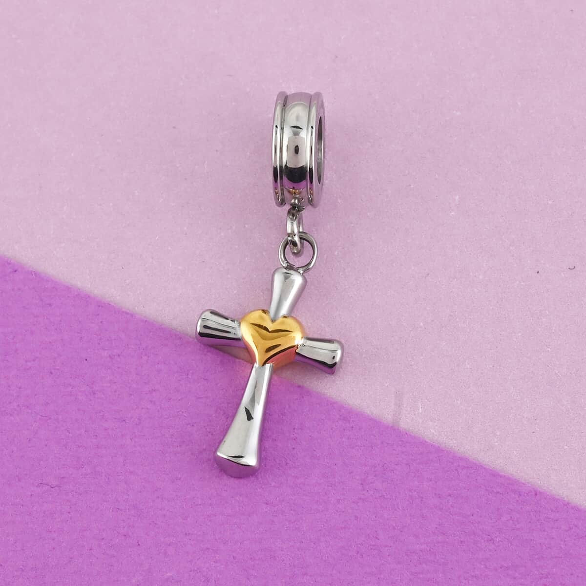 HALLMARK Cross Pendant with Heart in ION Plated Yellow Gold and Stainless Steel image number 1
