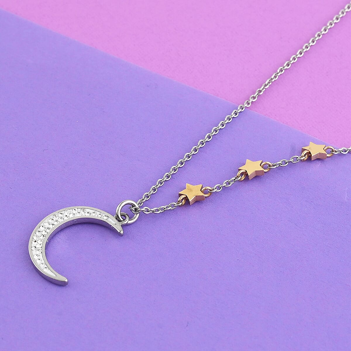 HALLMARK Austrian Crystal Moon Star Necklace 18 Inches in ION Plated Yellow Gold and Stainless Steel image number 1