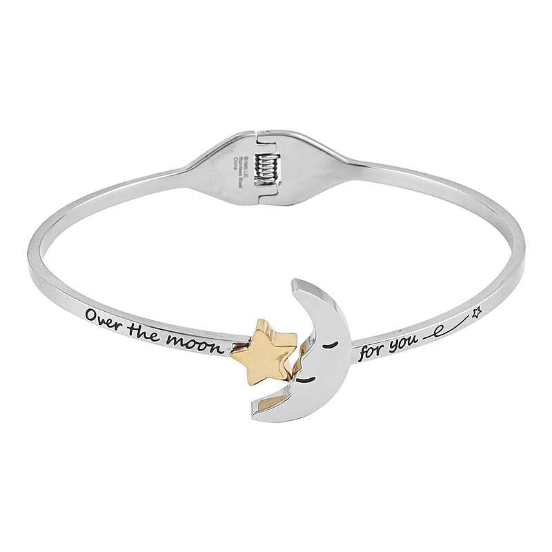 HALLMARK Over The Moon for You Moon and Star Bangle Bracelet in ION Plated Yellow Gold and Stainless Steel (8.00 In) 13.20 Grams
