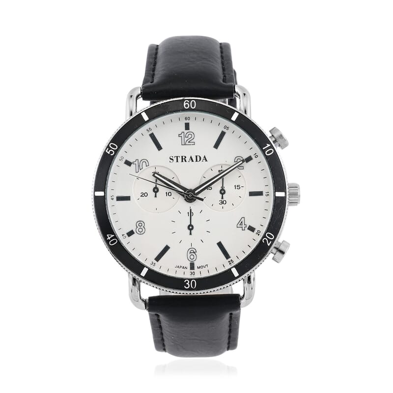 Strada Japanese Movement Stylish Dress Watch with Black Faux Leather Strap (42.2mm) (8.0-9.0Inches)