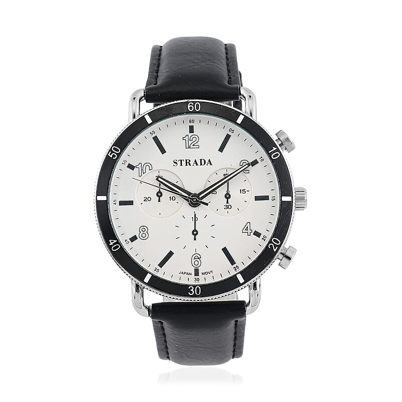 Strada Japanese Movement Stylish Dress Watch with Black Faux Leather Strap (42.2mm) (8.0-9.0Inches)