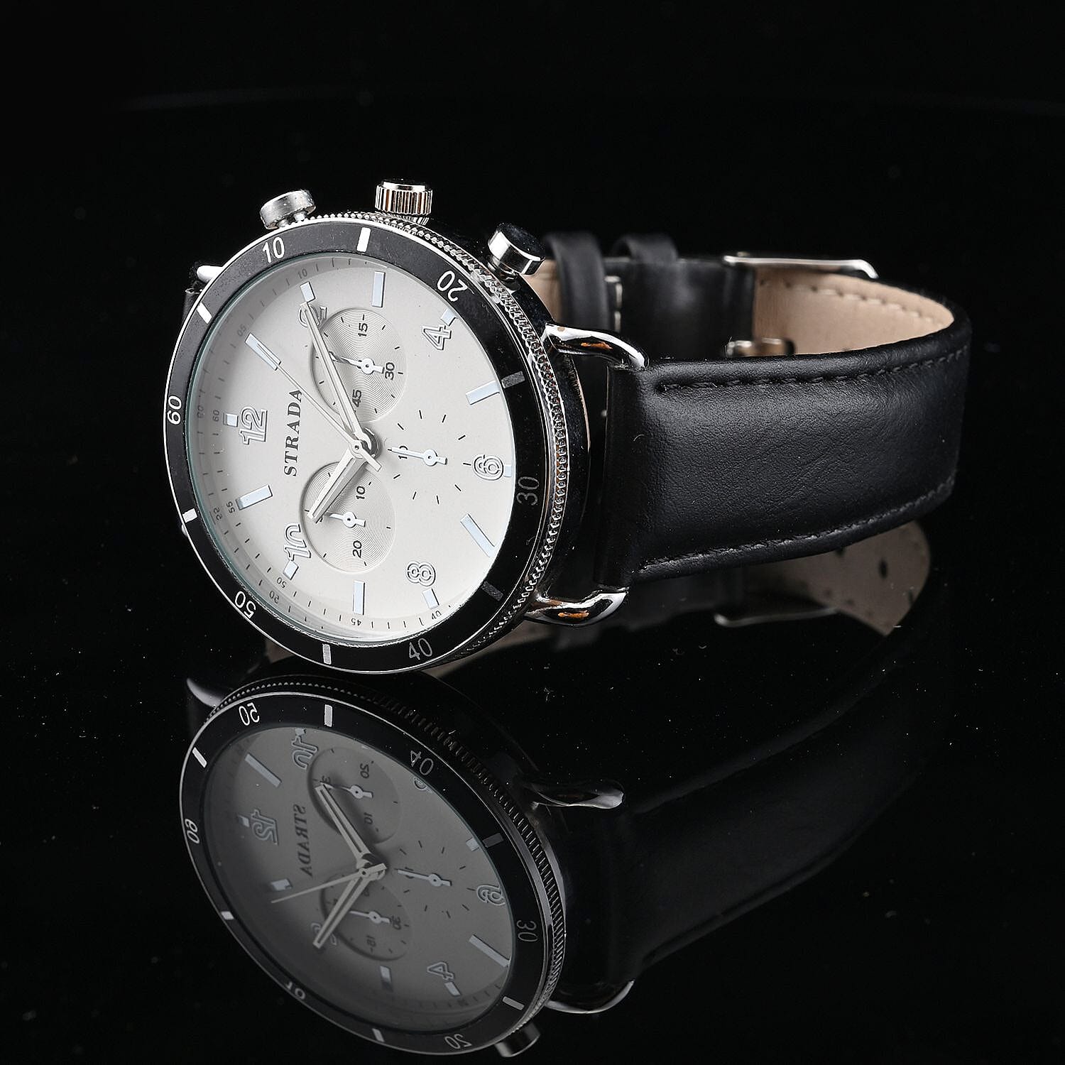 Strada Japanese Movement Stylish Dress Watch with Black Faux Leather Strap (42.2mm) (8.0-9.0Inches)