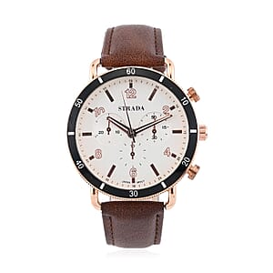 Strada Japanese Movement Stylish Dress Watch with Brown Faux Leather Strap (42.2mm) (8.0-9.0Inches)