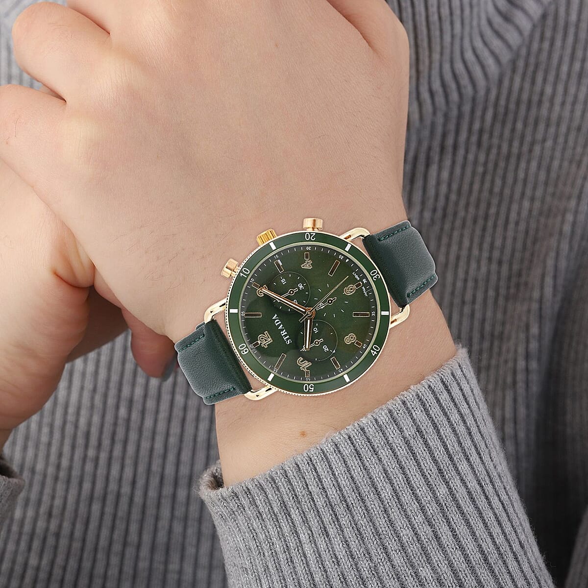 Strada Japanese Movement Stylish Dress Watch with Dark Green Faux Leather Strap (42.2mm) (8.0-9.0Inches) image number 2