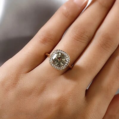 One Of A Kind Luxoro 14K Yellow Gold AA Premium Turkizite and G-H I2 Diamond Halo Ring (Size 7.0) 4.15 Grams 3.75 ctw
