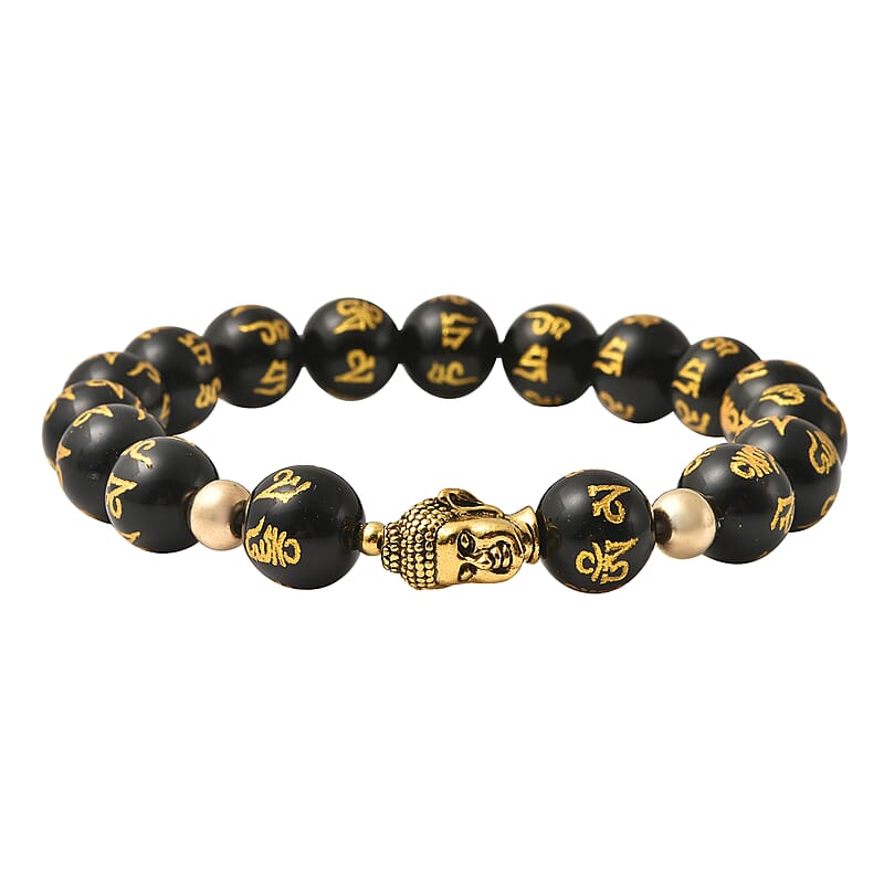 Black Obsidian Beaded Feng Shui Stretch Bracelet with Buddha Charm in Goldtone 111.50 ctw