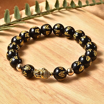 Black Obsidian Beaded Feng Shui Stretch Bracelet with Buddha Charm in Goldtone 111.50 ctw