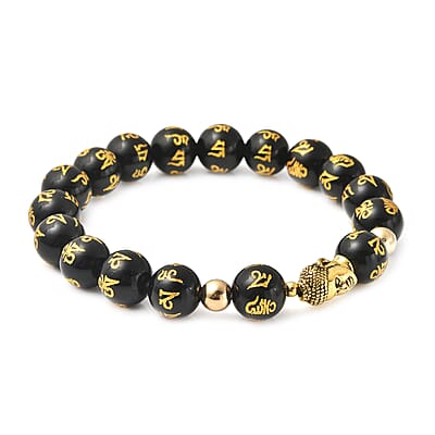 Black Obsidian Beaded Feng Shui Stretch Bracelet with Buddha Charm in Goldtone 111.50 ctw