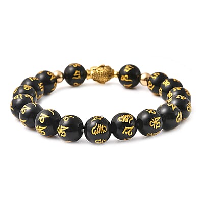 Black Obsidian Beaded Feng Shui Stretch Bracelet with Buddha Charm in Goldtone 111.50 ctw