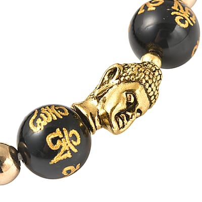 Black Obsidian Beaded Feng Shui Stretch Bracelet with Buddha Charm in Goldtone 111.50 ctw