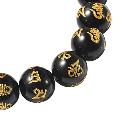 Black Obsidian Beaded Feng Shui Stretch Bracelet with Buddha Charm in Goldtone 111.50 ctw