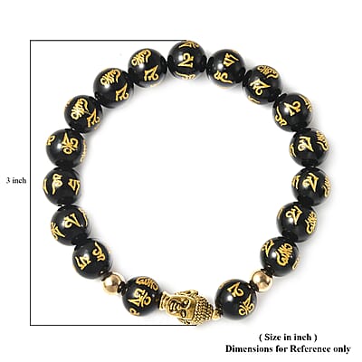 Black Obsidian Beaded Feng Shui Stretch Bracelet with Buddha Charm in Goldtone 111.50 ctw