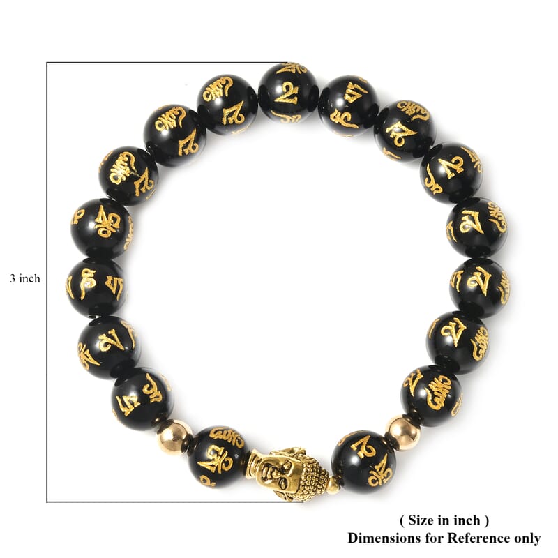 Black Obsidian Beaded Feng Shui Stretch Bracelet with Buddha Charm in Goldtone 111.50 ctw