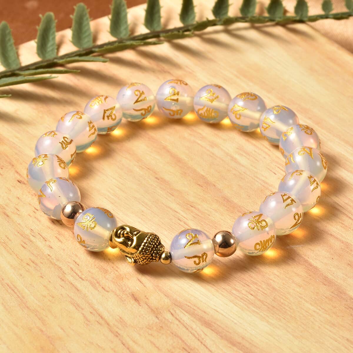 Opalite Beaded Feng Shui Stretch Bracelet with Buddha Charm in Goldtone 101.50 ctw image number 1